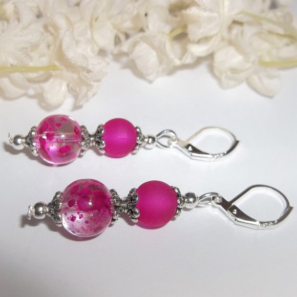 Magenta and Silver Earrings, Drop Earrings, Pink Earrings, Beaded Earrings, A102 - Picture 4 of 8